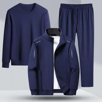 Спортивная одежда, 3 шт./компл., стильная толстовка с круглым вырезом, пальто, брюки, мужская толстовка, куртка, брюки, сплошной цвет для бега