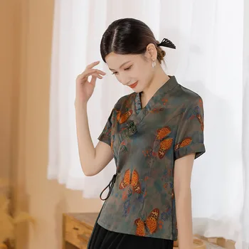Женский летний шелковый топ Чонсам, 3 цвета, улучшенная блузка Чонсам, рубашка в китайском стиле, топы с короткими рукавами, костюм Тан, комплект юбок