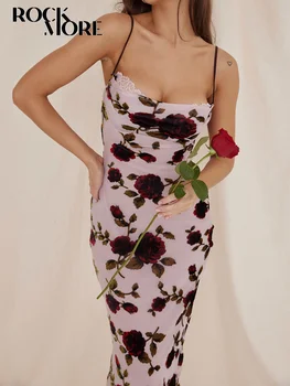 Rockmore Ретро Сетчатые атласные двухслойные платья Сексуальное длинное платье для вечеринки и отпуска с открытой спиной Slim y2k Fairycore с цветочным принтом vestidos