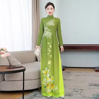 Вьетнамское Женское платье Aodai В традиционном китайском стиле, Винтажные Элегантные комплекты Ципао топ + брюки, Азиатское шифоновое платье Ципао