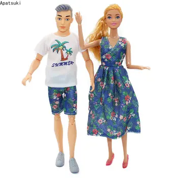 2 комплекта/лот, синий комплект модной одежды с цветочным рисунком, платье для Барби, одежда для влюбленной пары, футболка, Шорты для кукол Ken Boy, аксессуары для кукол