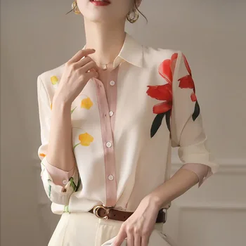 Новая весенняя модная блузка с отложным воротником и длинным рукавом с принтом, женские темпераментные пуговицы в стиле пэчворк, Свободные рубашки, футболка N764