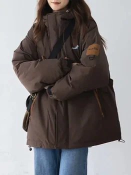 Кофейная Хлопчатобумажная стеганая куртка Женская 2023 Корейские Зимние парки Свободные Однотонные Теплые Снежные Хлопчатобумажные пальто Уличная одежда