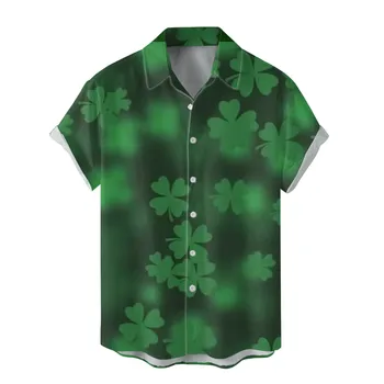 Мужская праздничная зеленая рубашка с принтом в виде четырех листьев и короткими рукавами, пляжная одежда, уличная одежда для вечеринок