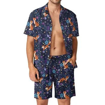 Пляжные мужские комплекты Dreamy Folk Fox, синяя повседневная рубашка с цветочным принтом, Летние графические шорты, новинка из двух предметов, костюм большого размера