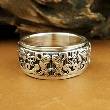 Новое 100% твердое мужское кольцо S925 из чистого серебра, Рыбы, персик, вращающееся, на удачу, модное женское кольцо