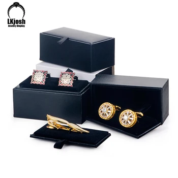 Мужские запонки коробка для хранения черный синтетический кожаный чехол грудь контактный окно флип воротник подарочной упаковке зажим для волос галстук в подарочной коробке клип 