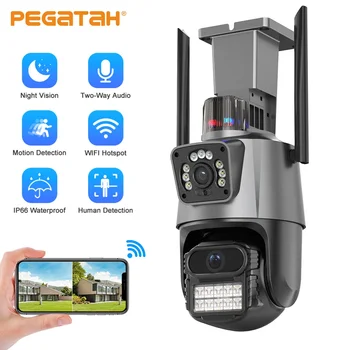 PEGATAH 4MP Wifi Камера С Двойным Объективом Защита Безопасности Водонепроницаемая Система Видеонаблюдения Камера Видеонаблюдения Световая Сигнализация IP Камера