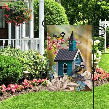 1 ШТ. Льняной хлопковый садовый флаг с рисунком домика, птицы и цветка, подвесной декор для дома и сада внутри и снаружи, 1 шт.