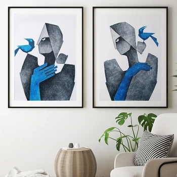 Абстрактная картина на холсте с синей птицей, женский плакат и принт, современные линии, настенное искусство, картина для гостиной, домашний декор, без рамки