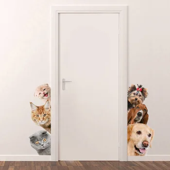 Горячая Милая Забавная 3D Кошка Собака Дверь Наклейки На Стену Съемная Гостиная Крыльцо Спальня Наклейки На Стены Животные Настенные Росписи Художественные Обои