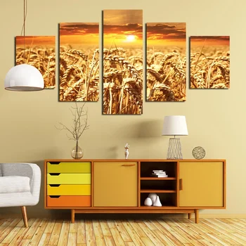 Золотая пшеница Холст Картины Плакаты Природа Пейзаж Декоративные Настенные панно 5 панелей Украшение дома в гостиной