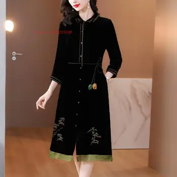 2024 китайское традиционное женское платье чонсам элегантное винтажное платье с национальной цветочной вышивкой улучшенное восточное бархатное платье ципао