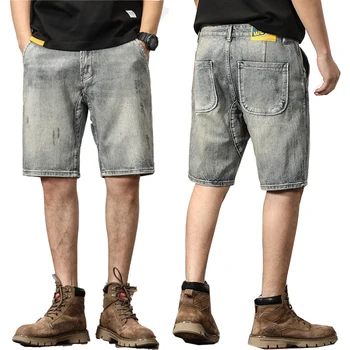 Мужские летние шорты Джинсы Oversize прямого свободного кроя в стиле пэчворк Дизайнерские мужские джинсовые шорты Летние брюки до колен Уличная одежда