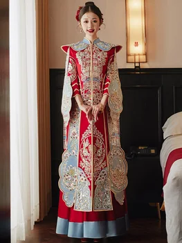 Винтажное свадебное платье Cheongsam с вышивкой бисером в китайском стиле для невесты, ретро-одежда для тостов, свадебный костюм Леди Феникс Тан