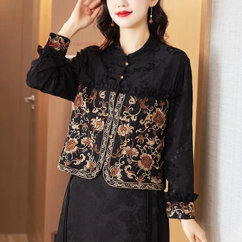 2024 традиционная китайская винтажная блузка с национальной цветочной вышивкой, атласная жаккардовая блузка, винтажный чайный сервиз, этническая куртка hanfu