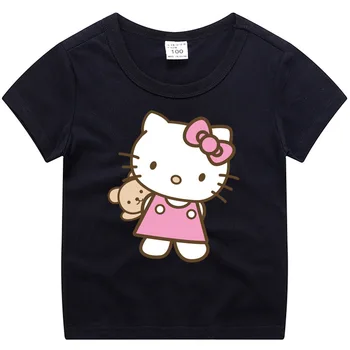 Детская футболка Hello Kitty, детская одежда, летняя хлопковая дышащая одежда с короткими рукавами и круглым вырезом, половина рукава с героями мультфильмов