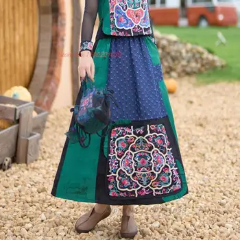 2024 китайская винтажная атласная жаккардовая юбка с национальной цветочной вышивкой, юбка с эластичным поясом, этническая юбка трапециевидной формы, уличная одежда в стиле ретро