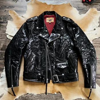 ГОД!Бесплатная доставка.Классическая блестящая мотоциклетная кожаная куртка.Пальто из кожи крупного рогатого скота в винтажном стиле 613.Роскошная кожаная ткань