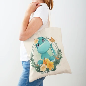 Детские сумки для покупок с динозавром, Мультяшный Цветок, Лист, Животное, Повседневная сумка с обоими принтами, Птица, Жираф, Холщовая Женская сумка-тоут