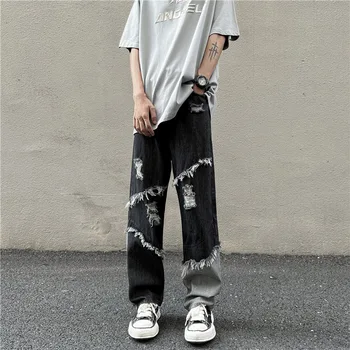 Весенние мужские прямые брюки из контрастного денима Повседневная мода Свободные брюки Пара уличных брюк в стиле хип-хоп Harajuku Ropa