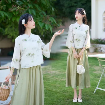 Yourqipao Летние молодые девушки, элегантный костюм Sweet Tang, топы в китайском стиле Hanfu, ретро-юбка, платье с пряжкой и воротником-стойкой для женщин