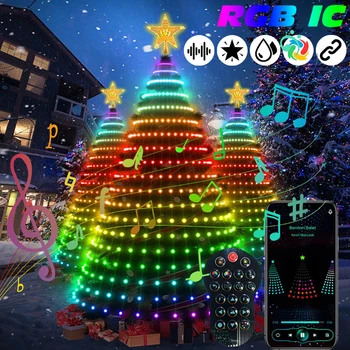 Рождественская Елка Струнные Огни Приложение Bluetooth Управление Водопад Сказочные Огни RGB IC Многоцветное Украшение Лампа Рождественская Вечеринка Орнамент