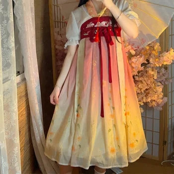 WATER Hanfu Summer С коротким рукавом, милые девушки, платья с элементами китайского традиционного стиля, вышивка, древний женский косплей
