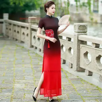китайское винтажное платье 2024 года улучшенное платье с национальной цветочной вышивкой чонсам градиентного цвета восточное банкетное вечернее платье