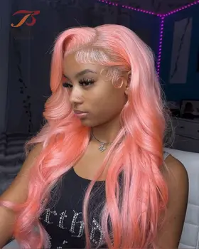 Парик на кружеве 13x4, прямые парики из человеческих волос Remy с объемной волной розового цвета для женщин, предварительно выщипанные Прозрачные кружевные Бобби