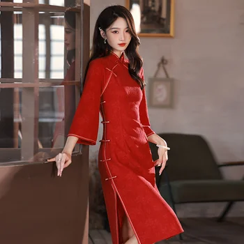 Китайское традиционное женское платье Ципао с коротким рукавом, красные современные платья Чонсам, Восточный женский костюм в китайском стиле