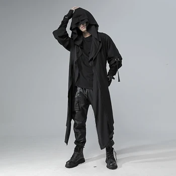 Темный плащ-тренч с капюшоном двойного дизайна, длинный халат выше колена в стиле Ямамото в стиле панк-гот
