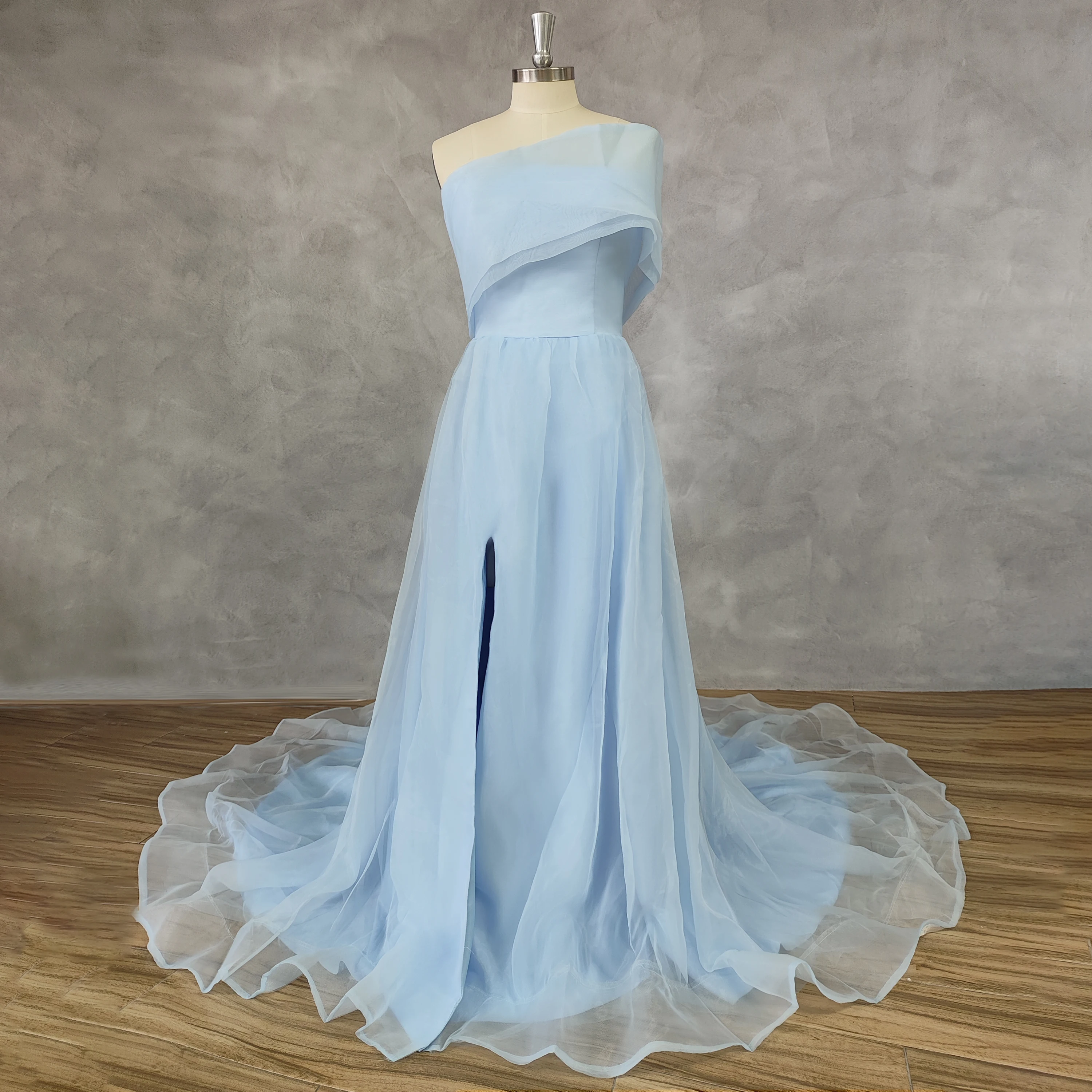 DIDEYTTAWL Реальные фотографии Голубое тюлевое платье для выпускного вечера с одним плечом, высокий разрез сбоку, трапециевидное вечернее платье в пол на молнии сзади . ' - ' . 0