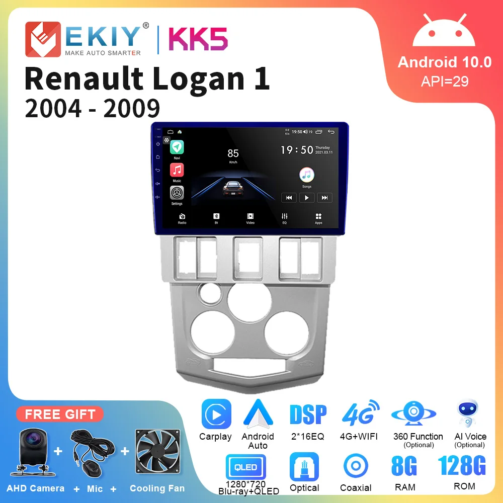 EKIY KK5 QLED Android 10 Автомагнитола для Renault Logan 1 2004-2009 AI Voice Мультимедийный Видеоплеер Навигация GPS DVD Головное Устройство . ' - ' . 0