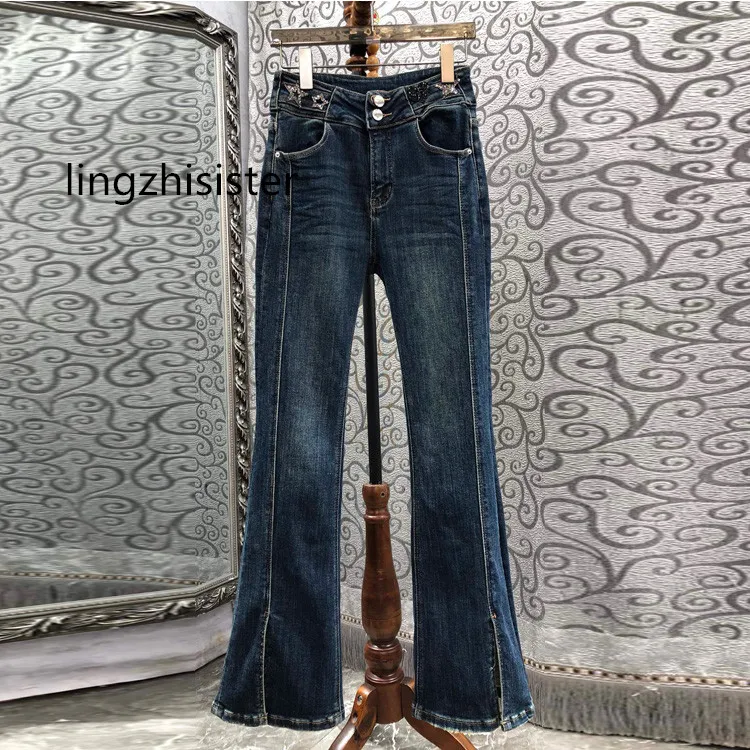 Женские джинсовые брюки 2023 Осенние женские расклешенные джинсы с разрезом в виде бриллиантовой звезды, длинные брюки, Новое поступление . ' - ' . 0