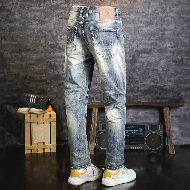 Новые дизайнерские Модные Мужские джинсы Ретро синего цвета, высококачественные Эластичные Рваные джинсы Slim Fit, Мужские Винтажные Повседневные джинсовые брюки Hombre . ' - ' . 0