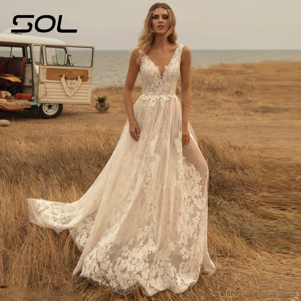 Элегантное пляжное свадебное платье Sol без рукавов для невесты в стиле бохо с V-образным вырезом, кружевные аппликации, цветочный узор, свадебное платье Vestido De Novia . ' - ' . 0