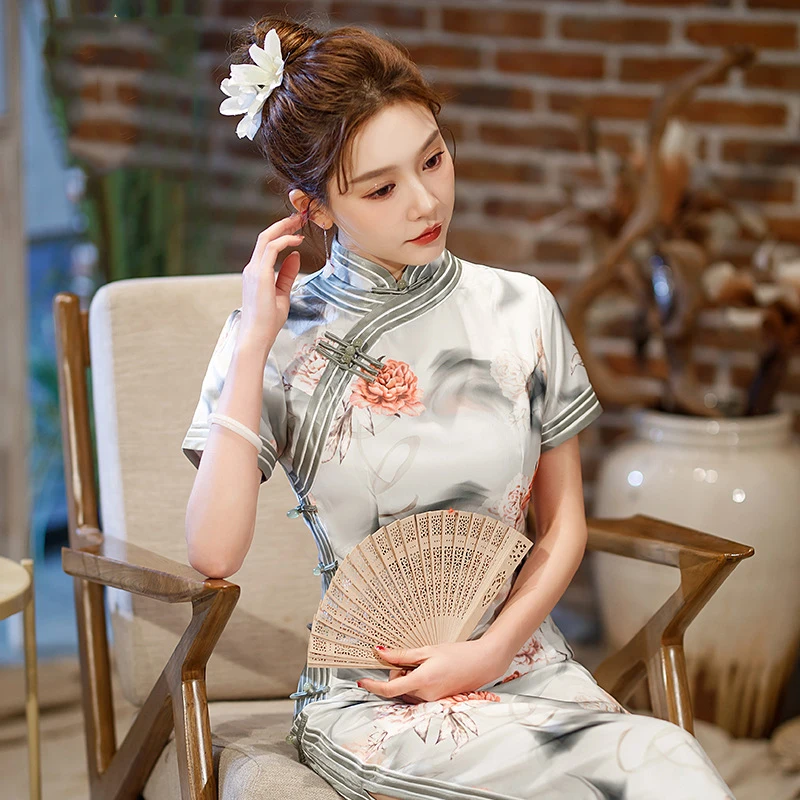 Yourqipao Summer Beige Slim Cheongsam Ink Flower Fashion Фотография Длинное Ципао в традиционном китайском стиле Вечернее платье для женщин . ' - ' . 1