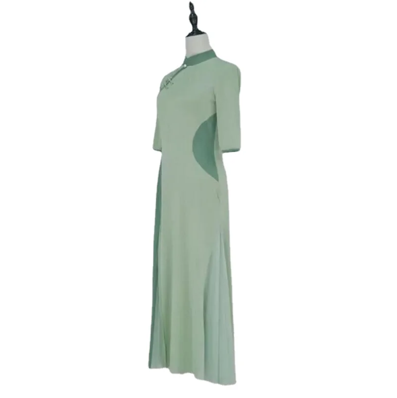 Женское Зеленое Танцевальное Китайское традиционное платье Чонсам с коротким рукавом в винтажном стиле больших размеров, длинное платье Ципао . ' - ' . 1