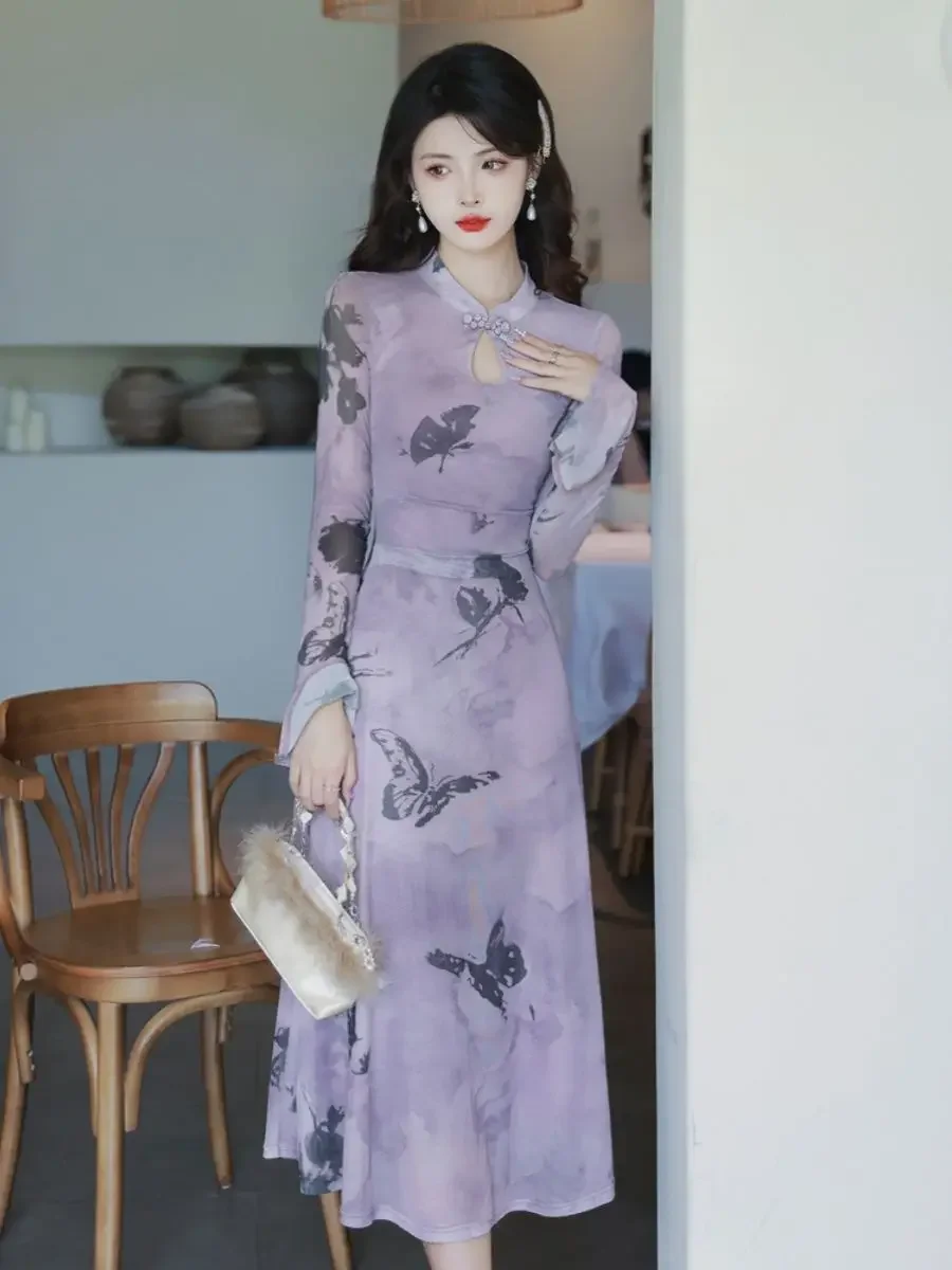 Женское модное платье Чонсам с фиолетовым рисунком бабочки, Винтажные тонкие платья с длинным рукавом, Элегантное улучшенное длинное Ципао . ' - ' . 1