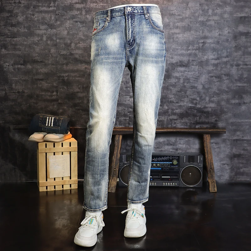 Новые дизайнерские Модные Мужские джинсы Ретро синего цвета, высококачественные Эластичные Рваные джинсы Slim Fit, Мужские Винтажные Повседневные джинсовые брюки Hombre . ' - ' . 1