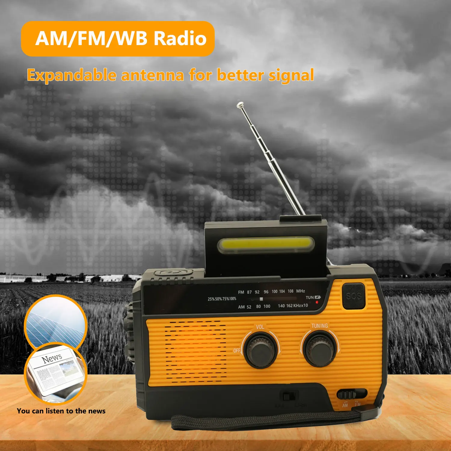 Обновите Многофункциональный радиоприемник с рукояткой на солнечной батарее USB FM / AM / NOAA WB 4000 мАч Погодные Радиостанции Аварийный Фонарик Power Bank . ' - ' . 1