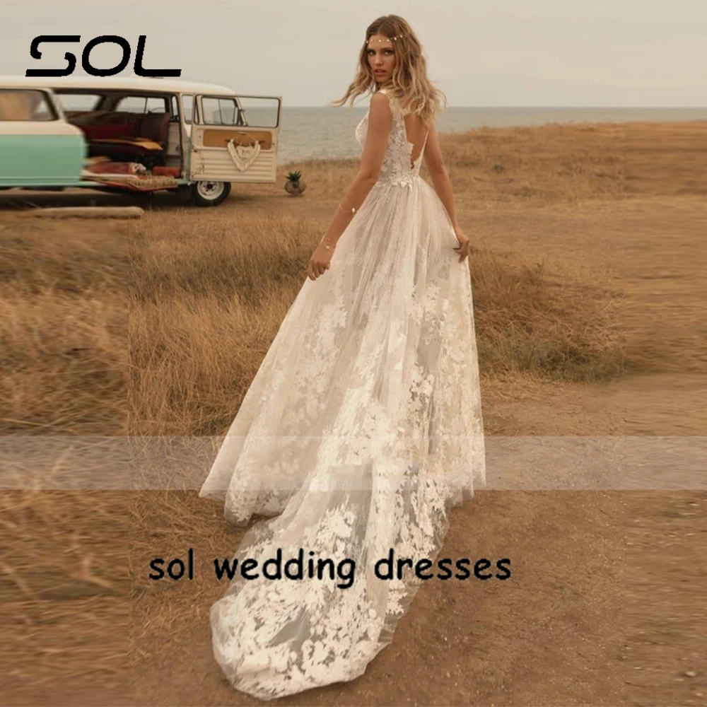 Элегантное пляжное свадебное платье Sol без рукавов для невесты в стиле бохо с V-образным вырезом, кружевные аппликации, цветочный узор, свадебное платье Vestido De Novia . ' - ' . 1