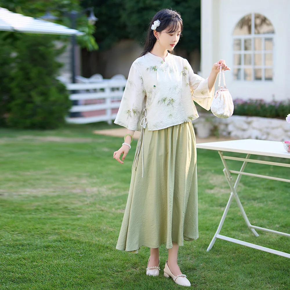 Yourqipao Летние молодые девушки, элегантный костюм Sweet Tang, топы в китайском стиле Hanfu, ретро-юбка, платье с пряжкой и воротником-стойкой для женщин . ' - ' . 2