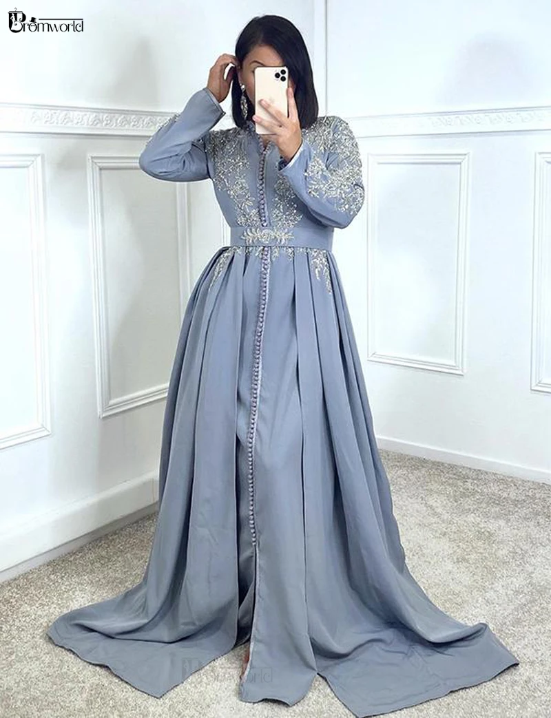 Вечерние халаты 2021, арабское вечернее платье трапециевидной формы с длинным рукавом, Марокканский кафтан с синими кружевами, расшитый бисером, мусульманские вечерние платья для женщин . ' - ' . 2