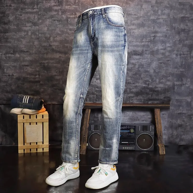 Новые дизайнерские Модные Мужские джинсы Ретро синего цвета, высококачественные Эластичные Рваные джинсы Slim Fit, Мужские Винтажные Повседневные джинсовые брюки Hombre . ' - ' . 2