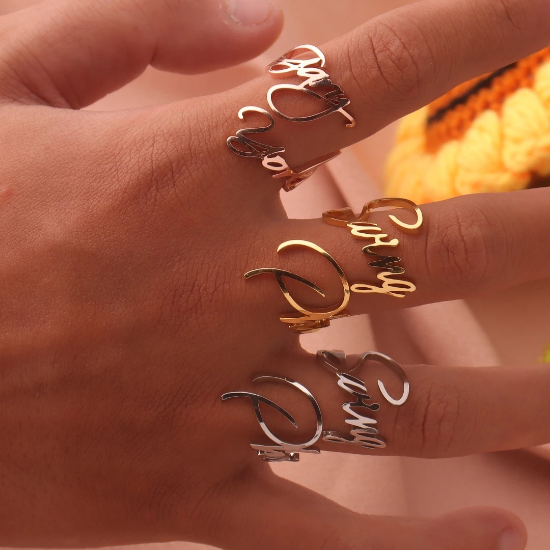 Персонализированное кольцо с двойными именами из золота и нержавеющей стали, открытые Регулируемые кольца-обещания для пары для женщин, Романтические ювелирные подарки . ' - ' . 2