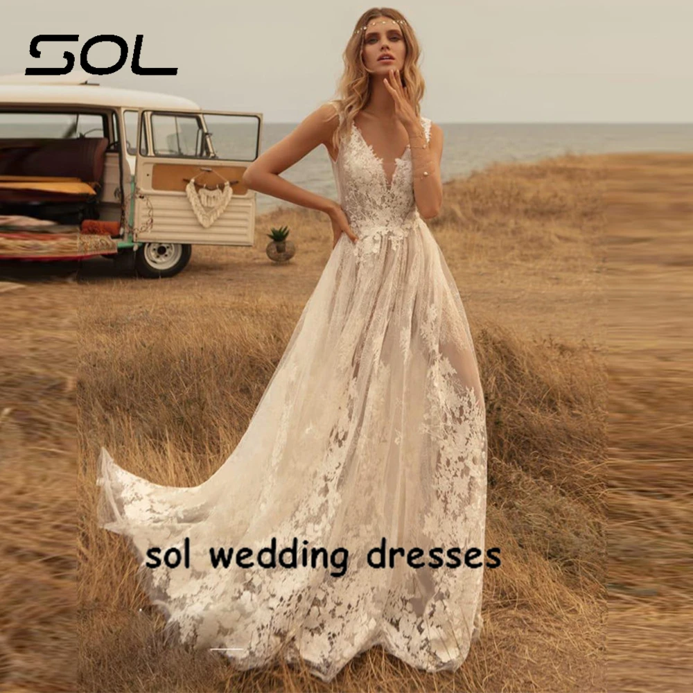 Элегантное пляжное свадебное платье Sol без рукавов для невесты в стиле бохо с V-образным вырезом, кружевные аппликации, цветочный узор, свадебное платье Vestido De Novia . ' - ' . 2