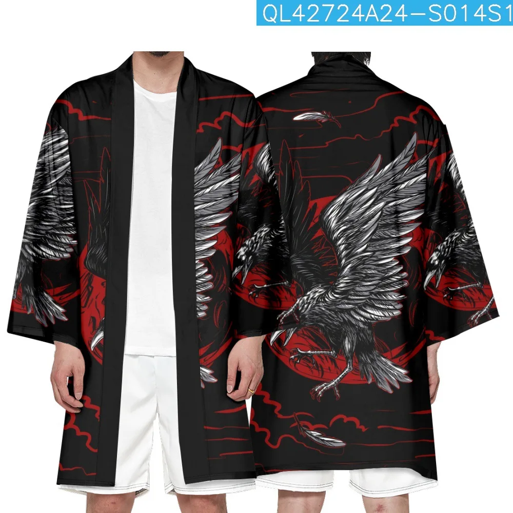 Мужское женское Пляжное длинное кимоно Хаори Юката Харадзюку Уличная одежда Японский кардиган с черным принтом самурая и демона . ' - ' . 3