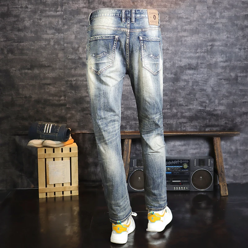 Новые дизайнерские Модные Мужские джинсы Ретро синего цвета, высококачественные Эластичные Рваные джинсы Slim Fit, Мужские Винтажные Повседневные джинсовые брюки Hombre . ' - ' . 3